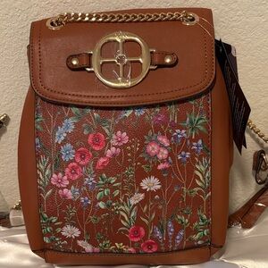 IMAN Brown Floral Backpack with Gold Chain